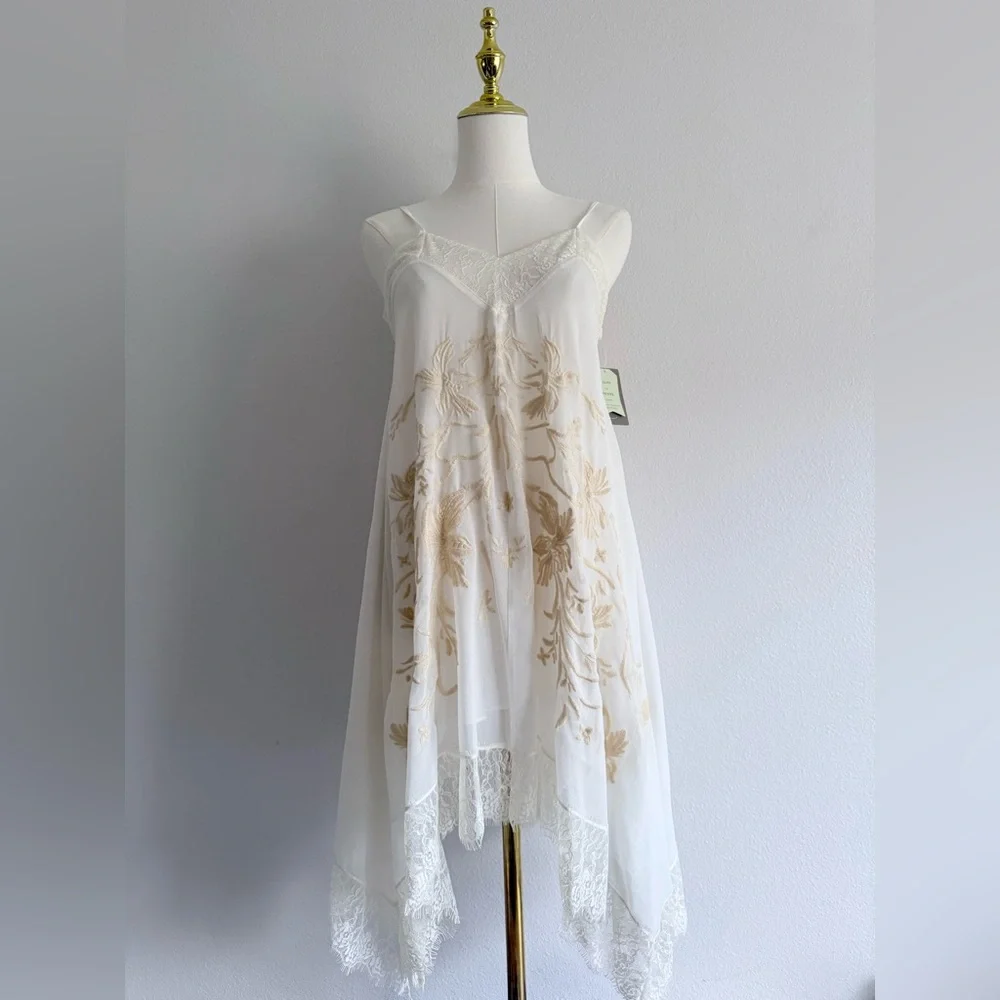 Anthropologie E by Eloise Maluku floral Embroidered Chemise lace Dress Ivory XS